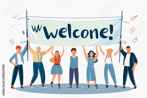 a group of people holding up a banner that says welcome