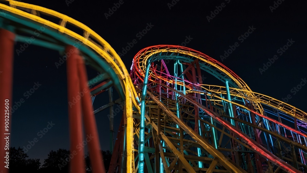 A colorful display of Christmas lights on a roller coaster at night A colorful display of Christmas lights on a roller coaster at night
