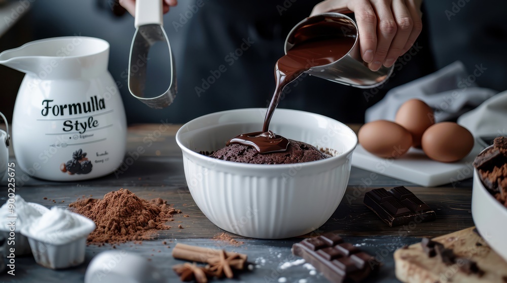 Chocolate Cake Baking: A close-up shot of a hand pouring melted chocolate into a bowl of batter, surrounded by ingredients like cocoa powder, eggs, and chocolate bars. The warm, inviting colors evoke 