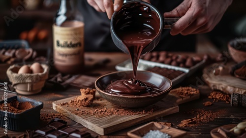 Chocolate Indulgence: A close-up shot of a chocolatier pouring rich, molten chocolate into a bowl, surrounded by the tempting ingredients of cocoa beans, sugar, and milk, creating a mouthwatering symp