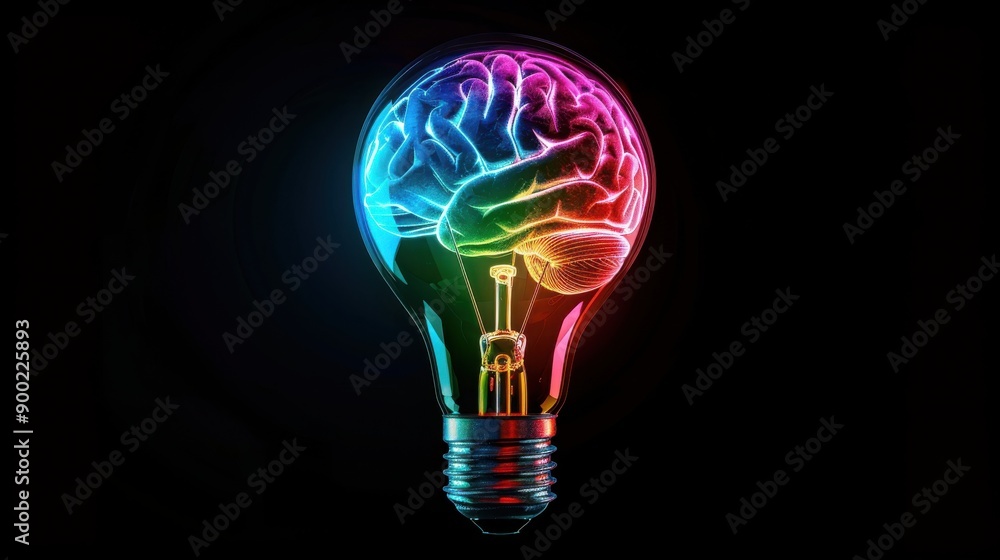 The Illuminated Mind: A vibrant, multicolored light bulb with a detailed brain glowing within, symbolizing creative thinking, innovation, and intellectual power. The Illuminated Mind: A vibrant, multicolored light bulb with a detailed brain glowing within, symbolizing creative thinking, innovation, and intellectual power.