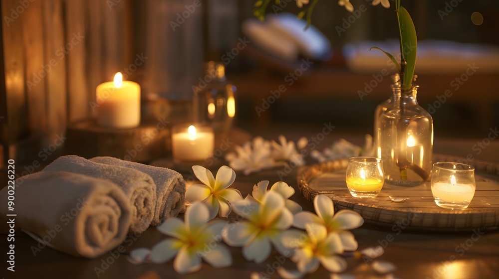 Beautiful spa composition with candles, frangipani flower, oil flasks and other decor elements. Beautiful spa composition with candles, frangipani flower, oil flasks and other decor elements.