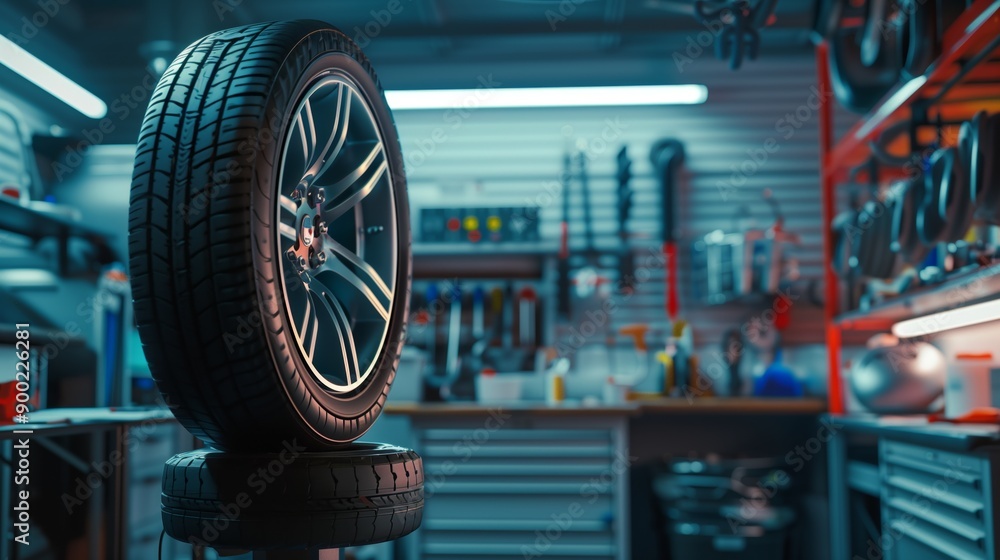 Fototapeta premium A stack of car tires in a well-equipped modern auto workshop, highlighting tools and equipment for tire maintenance.