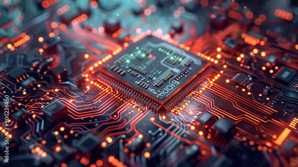 A detailed close-up of a glowing microchip on a circuit board, showcasing intricate electronic pathways and the advanced technology of modern computing. A detailed close-up of a glowing microchip on a circuit board, showcasing intricate electronic pathways and the advanced technology of modern computing.