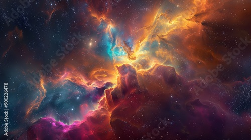 A breathtaking view of a colorful nebula with vibrant interstellar clouds and sparkling stars, highlighting the beauty of deep space. © kaiserseeing