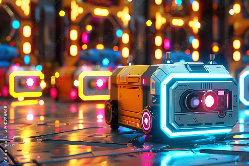 Fototapeta premium Neon stethoscope on a circuit board representing the integration of healthcare technology and digital innovation