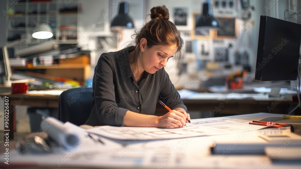 A woman is sitting at a desk with a pencil and a piece of paper A woman is sitting at a desk with a pencil and a piece of paper