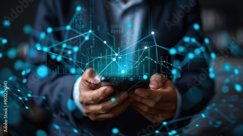A man is holding a cell phone with a blue screen that has a lot of lines