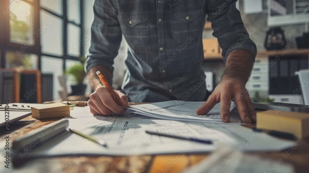 A man is writing on a piece of paper with a pencil A man is writing on a piece of paper with a pencil