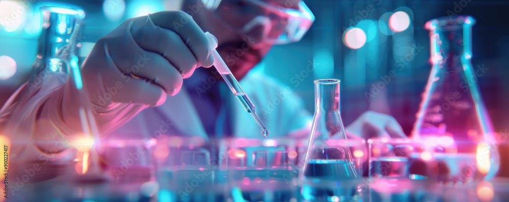 A scientist performs experiments in a modern laboratory with colorful liquids in glassware and advanced equipment. A scientist performs experiments in a modern laboratory with colorful liquids in glassware and advanced equipment.