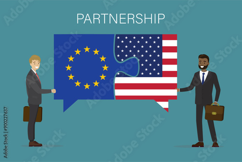 Bilateral political relations and cooperation between USA and European Union. Business people or politicians connect puzzle pieces with flags after business deal.