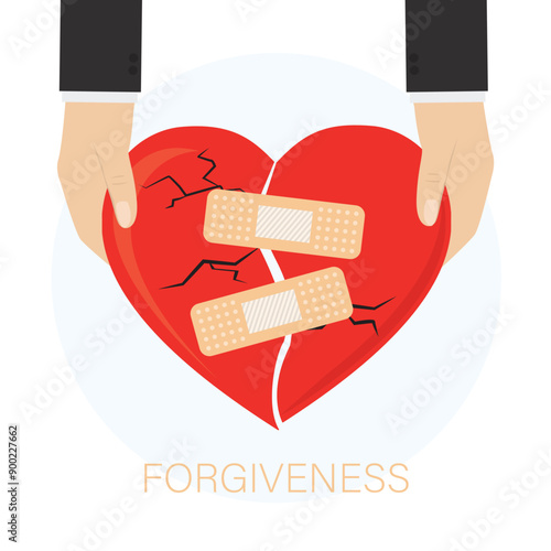 Hands giving fixed broken heart. Repaired broken red heart with plaster. Recovery, relationship concept. forgiveness of resentment and disappointment,