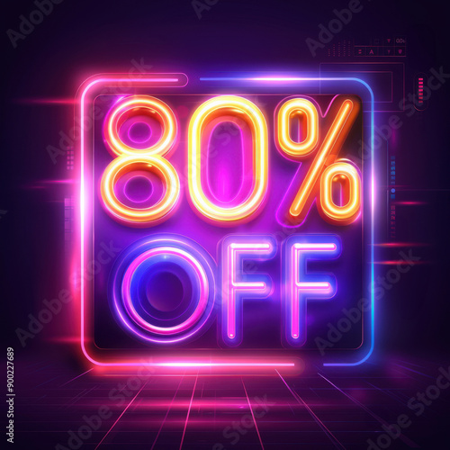 Bright neon sign showcasing an 80 percent discount, ideal for promotions, sales, and marketing in a vibrant digital setting.