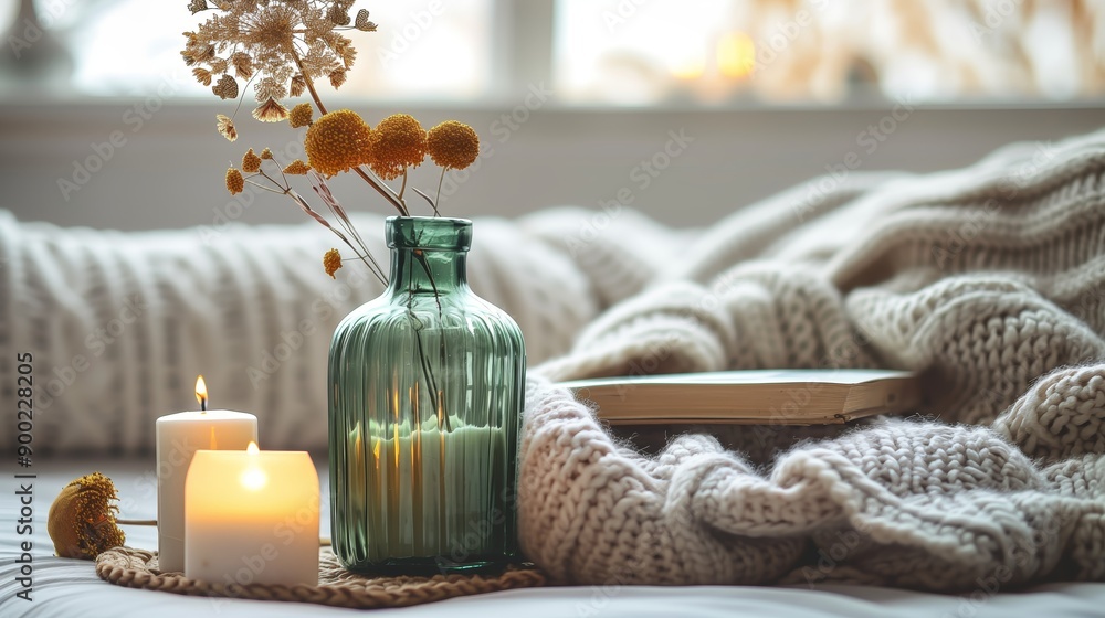 A green bottle with dried flowers, next to it is an open book and candles on the table in front of white sofa. A green bottle with dried flowers, next to it is an open book and candles on the table in front of white sofa.