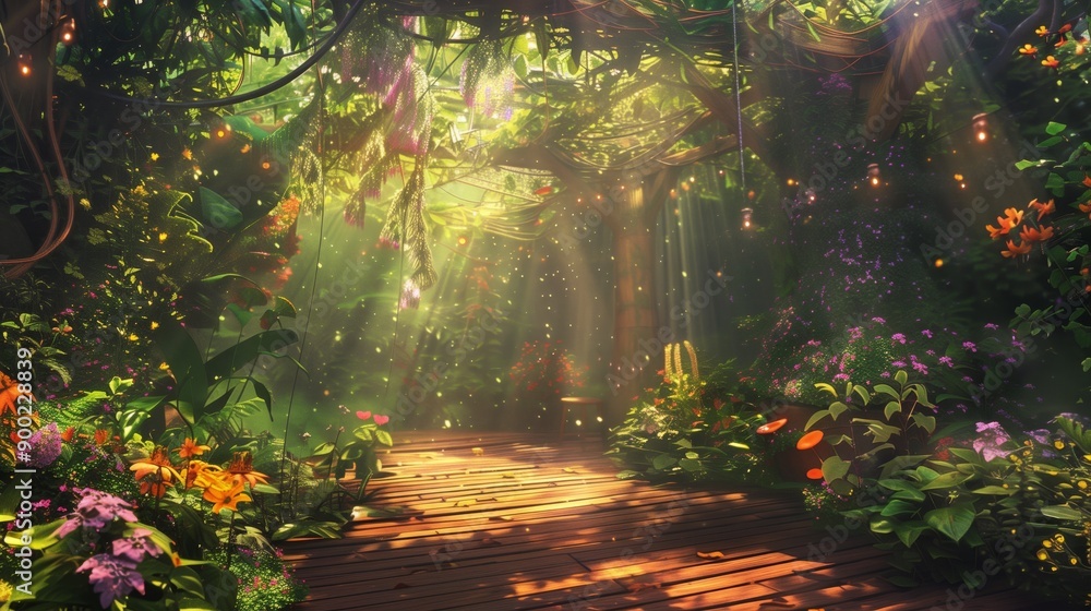 Obraz premium A magical garden filled with vibrant flowers and lush greenery, illuminated by beams of sunlight filtering through the foliage.