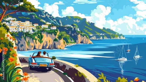 A scenic drive along the Amalfi Coast, with a couple in a convertible, coastal cliffs, and the sparkling Mediterranean Sea