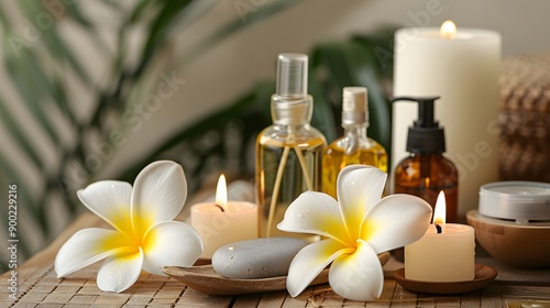 Beautiful spa composition with candles, frangipani flower, oil flasks and other decor elements. 