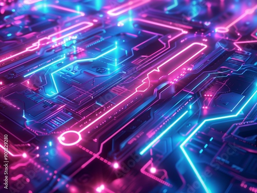 A close-up of a futuristic circuit board illuminated by vibrant neon pink and blue lights, showcasing intricate digital pathways and components.