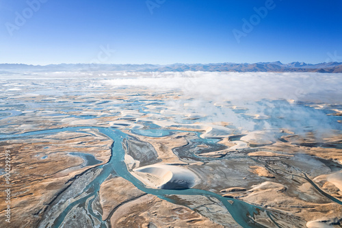 he sand dune of Zhongba, Tibet with the  Yarlung Zangbo/Yarlung Tsangpo River, morning fog and Himalaya
 photo