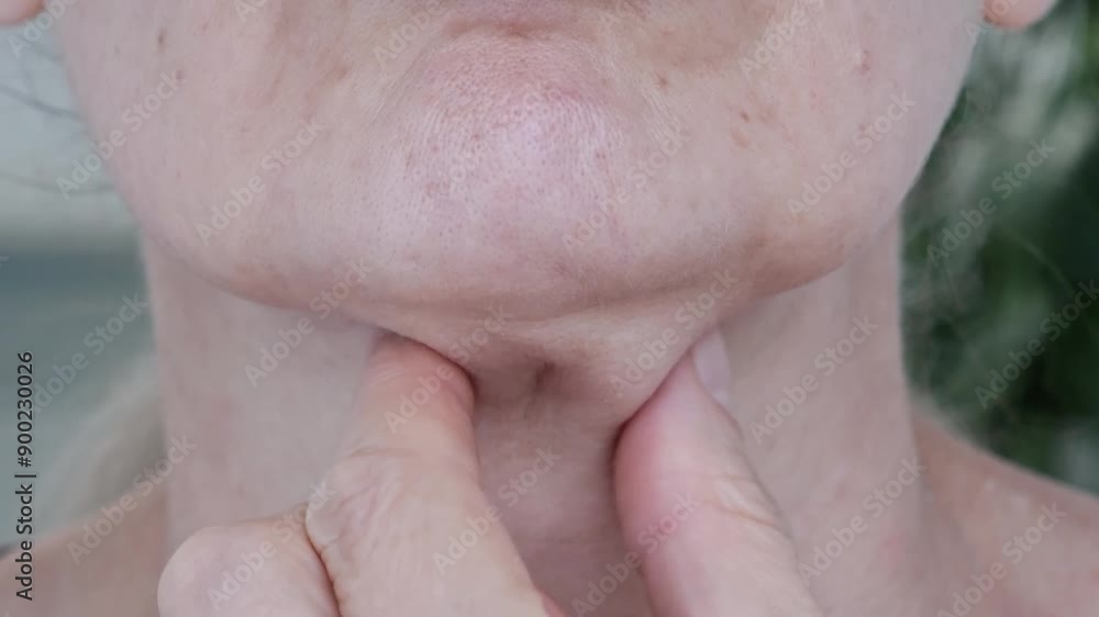 Close-up of a woman's neck showing signs of aging. The woman pinches her loose and sagging skin on her chin and neck. Concept of cosmetology and plastic surgery. Concept of skin care in old age. Close-up of a woman's neck showing signs of aging. The woman pinches her loose and sagging skin on her chin and neck. Concept of cosmetology and plastic surgery. Concept of skin care in old age.