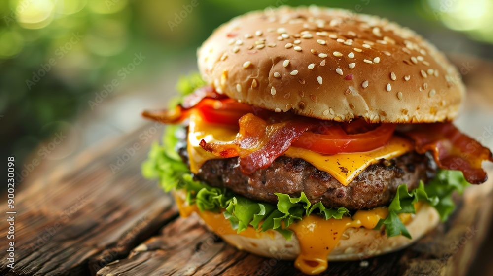 Close-up of a juicy bacon cheeseburger with fresh lettuce, tomato, melted cheddar cheese, and crispy bacon on a sesame seed bun. Close-up of a juicy bacon cheeseburger with fresh lettuce, tomato, melted cheddar cheese, and crispy bacon on a sesame seed bun.