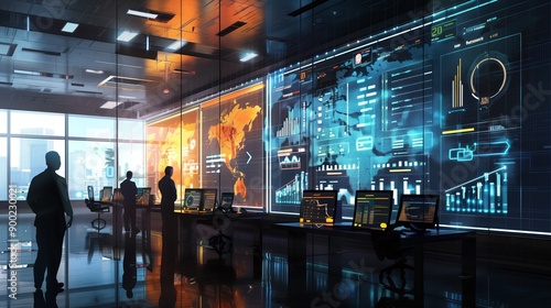 Modern office featuring interactive data walls and multiple workstations, fostering a high-tech and collaborative environment.