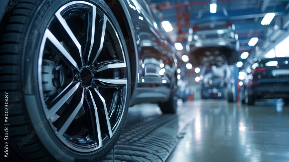 Close-up of a modern car's wheel in an auto repair workshop, with several cars being serviced in the background. Close-up of a modern car's wheel in an auto repair workshop, with several cars being serviced in the background.
