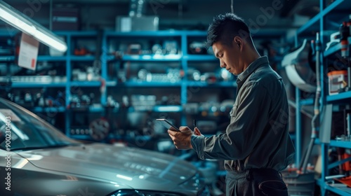 A focused mechanic in an auto workshop uses a tablet to check information, surrounded by tools and car parts.