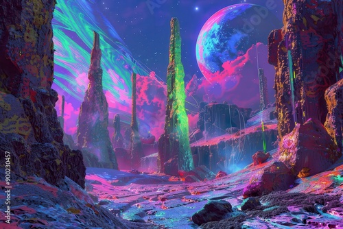 A Vibrant Alien Landscape With Tall Rock Formations and a Colorful Planet in the Sky