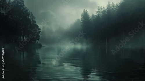Wallpaper Mural A serene, misty lake surrounded by dense forest at dawn, creating a mysterious and tranquil atmosphere with soft light and reflections on the water. Torontodigital.ca
