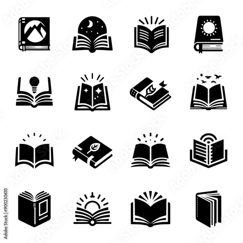 A collection of book icons, including a book with a light bulb on it
