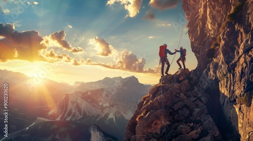Two climbers reaching the summit of a mountain at sunrise, symbolizing teamwork, adventure, and the thrill of conquering new heights.