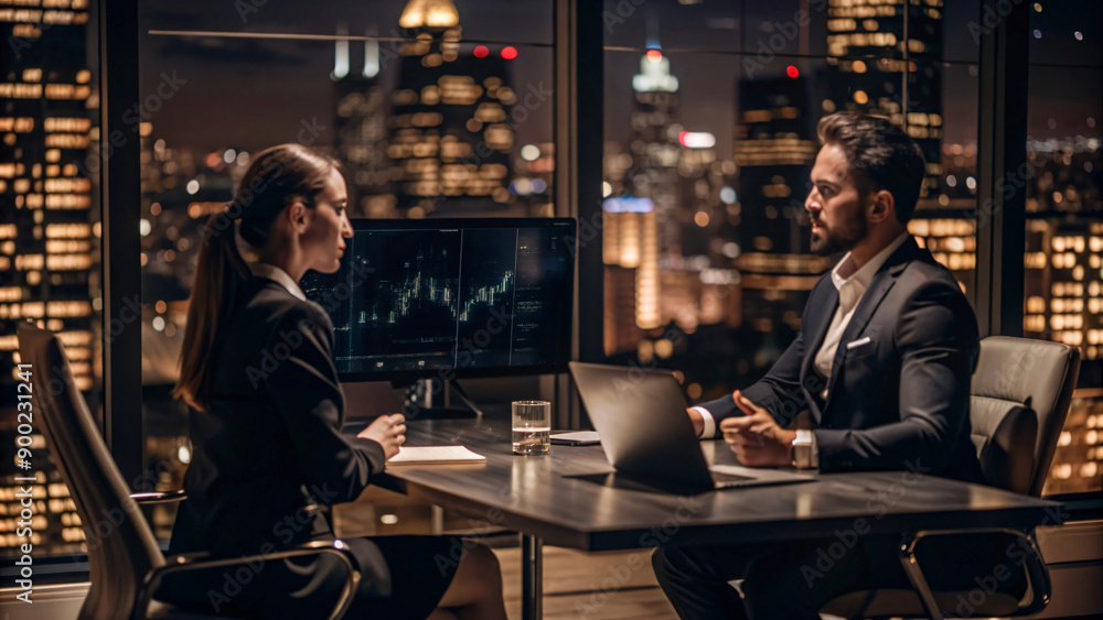 Couple business person enjoying analyzing business data and conversation in cozy office interior Couple business person enjoying analyzing business data and conversation in cozy office interior