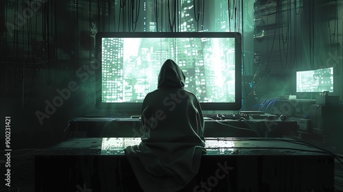 A hacker's intense focus captured in profile, silhouetted against a glowing screen of intricate codes, a sobering reminder of the urgency for heightened cyber security awareness