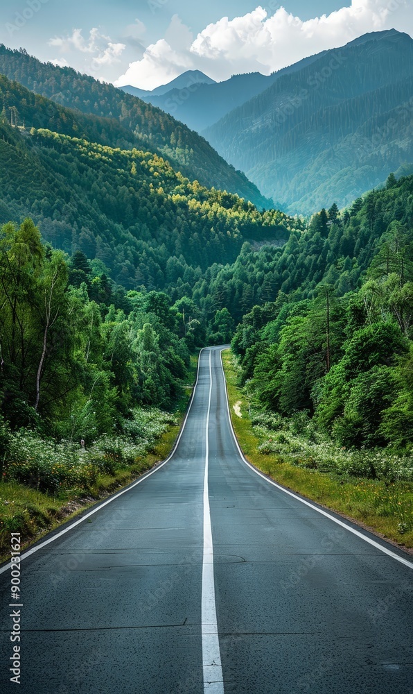 Fototapeta premium A long road with a mountain range in the background