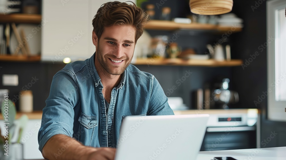 Happy businessman sitting at his desk laughing while working on his laptop in the office Happy businessman sitting at his desk laughing while working on his laptop in the office
