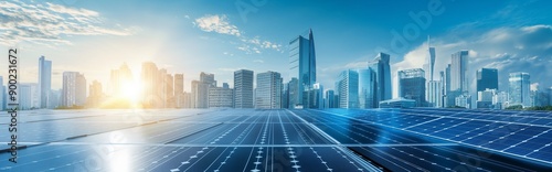 Solar panel in front of a city skyline in sunset, symbolizing the shift towards renewable energy concept.
