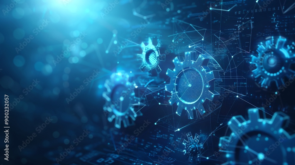 Digital gears meshing seamlessly in a neon blue technological backdrop, symbolizing modern business dynamics and innovation. Digital gears meshing seamlessly in a neon blue technological backdrop, symbolizing modern business dynamics and innovation.