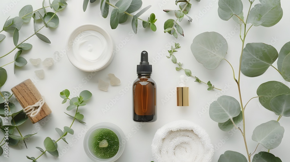 Spa concept with eucalyptus oil and eucalyptus leaf extract natural /organic spa cosmetics products, eco friendly bathroom accessories. Skincare concept on white background. Flat lay composition. Spa concept with eucalyptus oil and eucalyptus leaf extract natural /organic spa cosmetics products, eco friendly bathroom accessories. Skincare concept on white background. Flat lay composition.