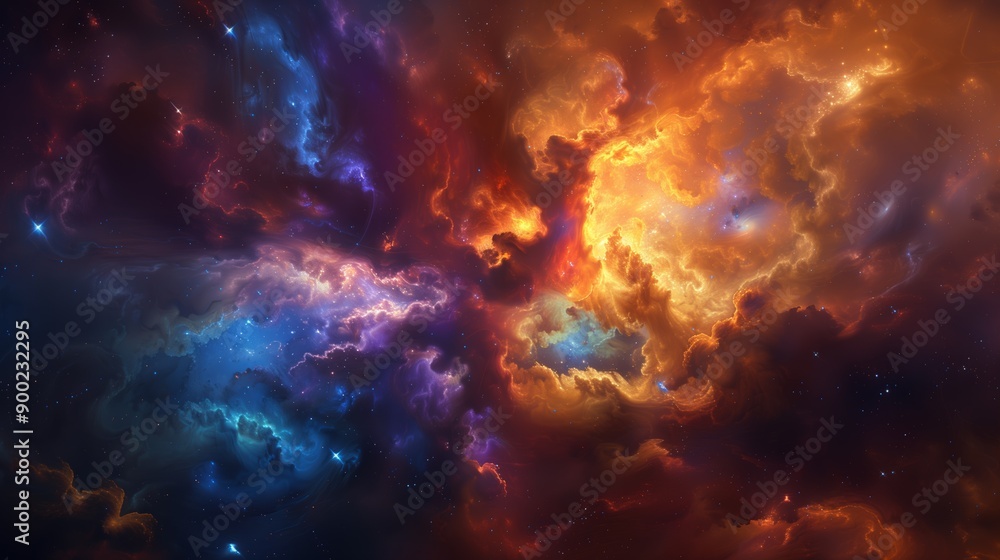 Fototapeta premium A stunning cosmic nebula with vivid colors of blue, orange, and purple, depicting the beauty and mystery of space.