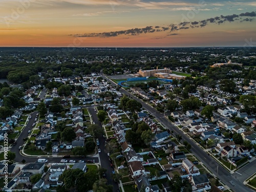 Aerial view of a residential neighborhood in Valley Stream at sunset in Long Island, New York, USA