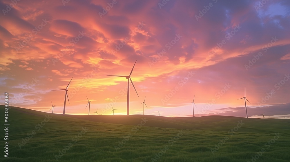 Wind turbines stand tall in a green field during a vibrant sunset, representing renewable energy and environmental sustainability. Wind turbines stand tall in a green field during a vibrant sunset, representing renewable energy and environmental sustainability.