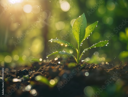 Close-up of a young plant sprouting in the morning sunlight, with dewdrops on its leaves, symbolizing growth and new beginnings. © kaiserseeing