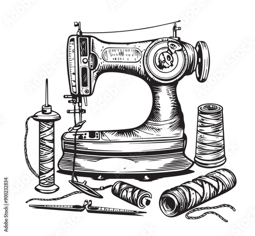 Set of sewing accessories. Swing machine. Hand drawn sketch. Vector illustration.