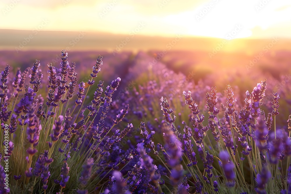Naklejka premium A field of lavender under a golden sunset, with the purple flowers swaying gently in the breeze, representing the calm and comfort of friendship.
