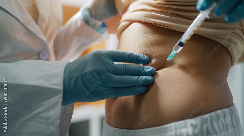 A doctor performing fat dissolving injections, also known as lipolysis, on a female patient. This non-surgical procedure targets and reduces localized fat deposits for body contouring. A doctor performing fat dissolving injections, also known as lipolysis, on a female patient. This non-surgical procedure targets and reduces localized fat deposits for body contouring.