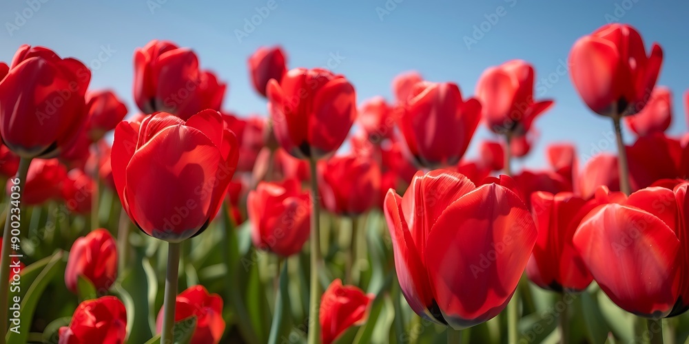 A field of bright red tulips under a clear blue sky, symbolizing passion and energy in friendships.