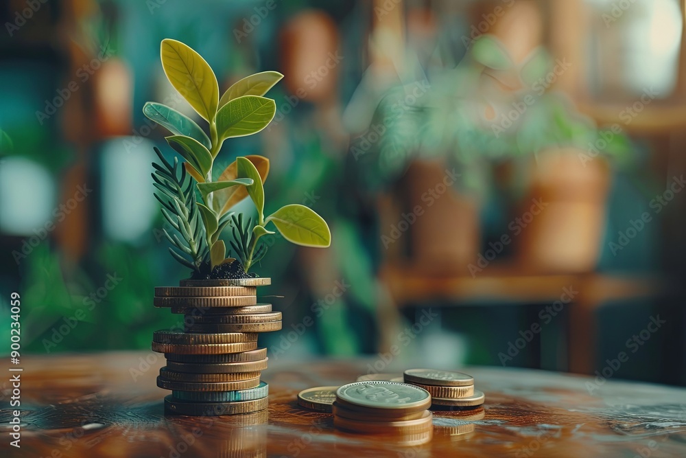 Plant Growing from Coins on Wooden Table Plant Growing from Coins on Wooden Table