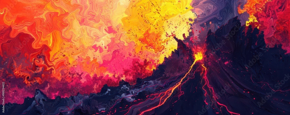 Abstract representation of a volcanic eruption with flowing lava in vibrant colors, volcano and lava, artistic interpretation Abstract representation of a volcanic eruption with flowing lava in vibrant colors, volcano and lava, artistic interpretation
