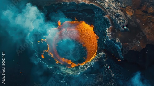 Bird s eye view of a lava lake within a volcanic crater, volcano and lava, geothermal activity